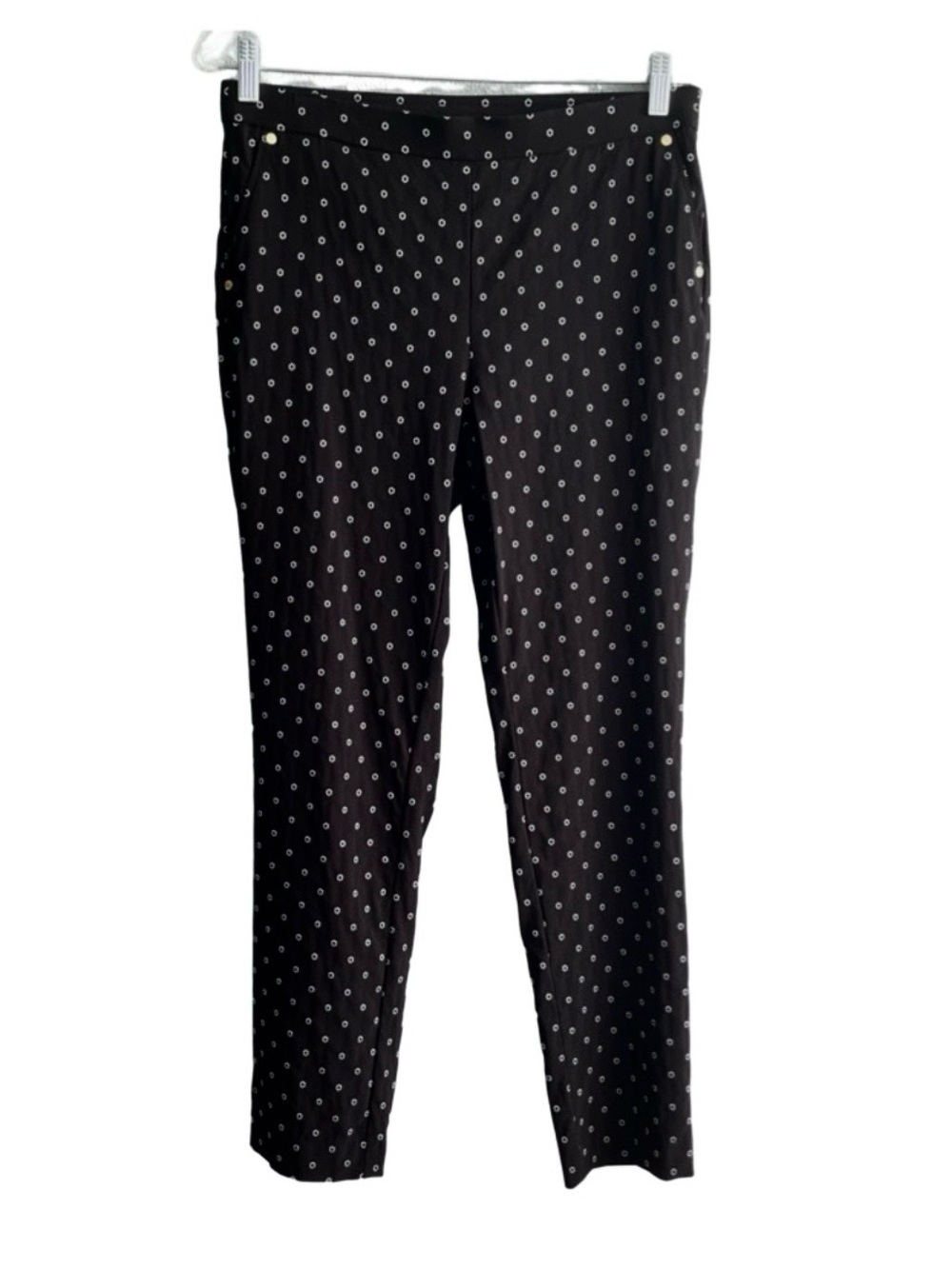 Anne Klein Pull On Ankle Pants Embroidered Pockets Black White Size 6